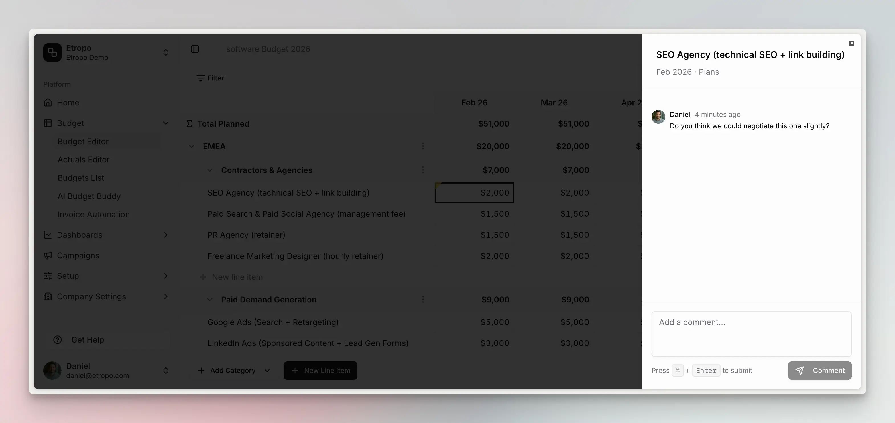 Etropo budget editor showing inline cell comments and Slack notification integration