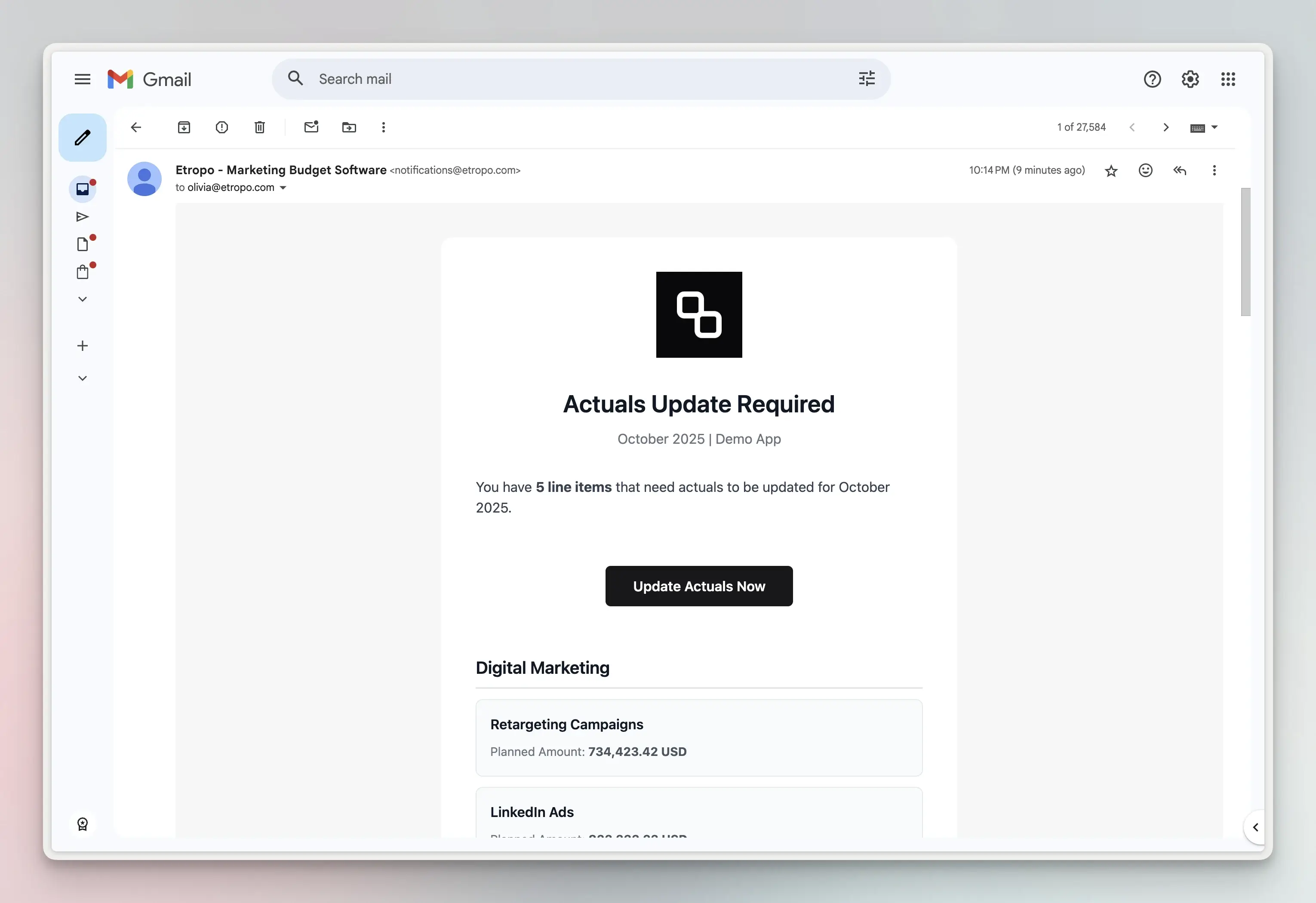 Email Notifications for Actuals Reminders – Etropo changelog 16 October 2025