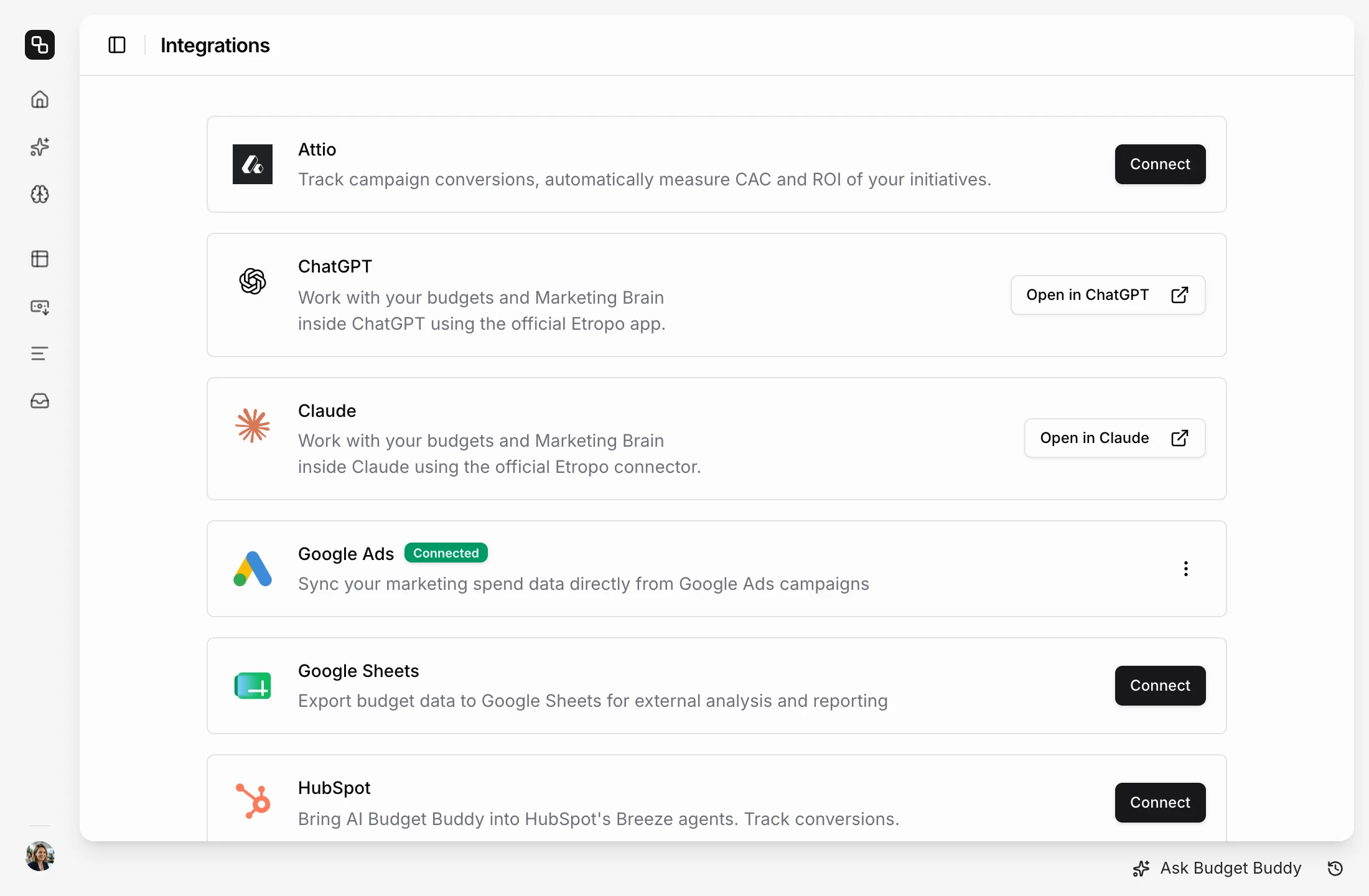 Etropo integrations page with Attio, ChatGPT, Claude, Google Ads, Google Sheets and HubSpot