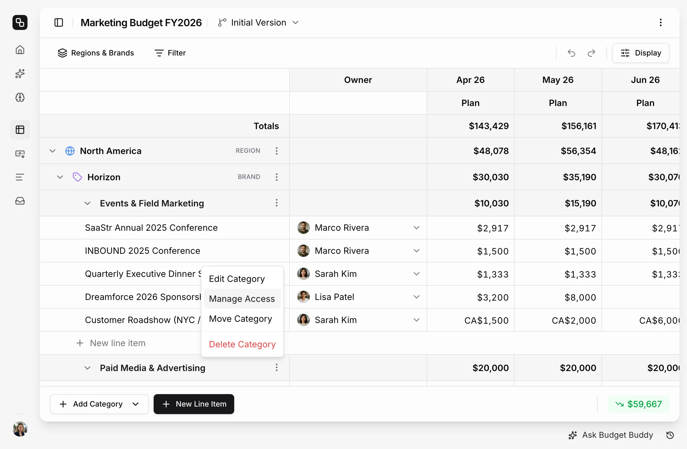 Etropo budget editor with an owner on every line item, such as Marco Rivera, Sarah Kim and Lisa Patel in Events & Field Marketing, and the Paid Media & Advertising category menu open on Manage Access